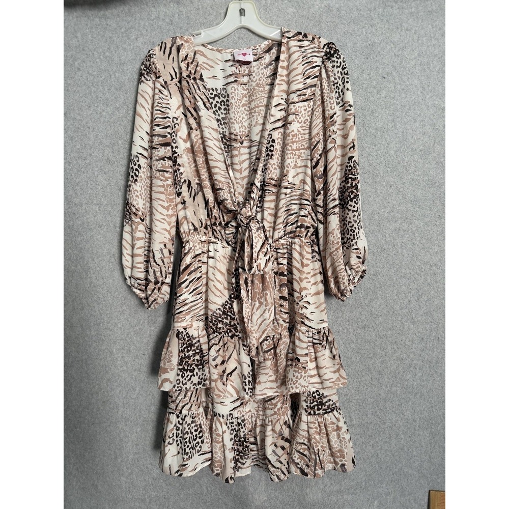 Buddy Love Dress Womens L Beige Animal Print V Neck Ruffle Tiered Boho Sundress